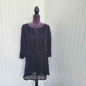 Lucky Brand Women's Black Crochet Lace Trim 3/4 Sleeve Dress Tassle Crinkle Sz S
